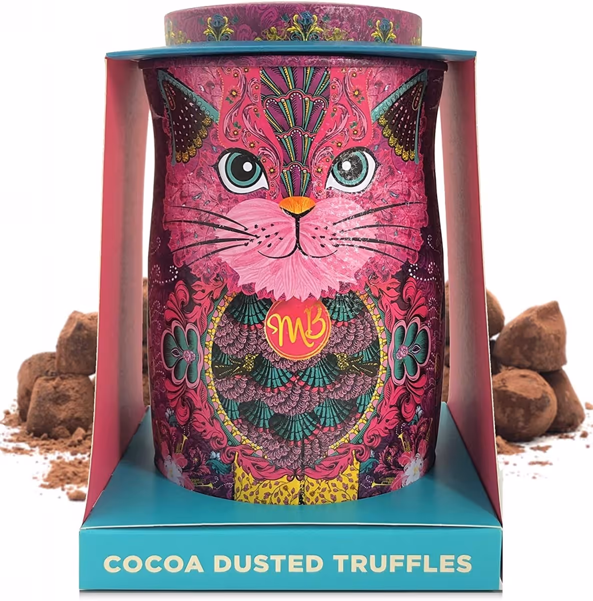 Cutie metalica cu trufe din ciocolata neagra Monty Bojangles Persian Pink Cat Choccy Scoffy 135g